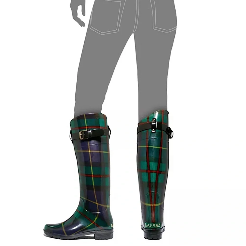 RALPH LAUREN Rossalyn II Black Watch Plaid Knee High Wellies Size 8 - Picture 3 of 17